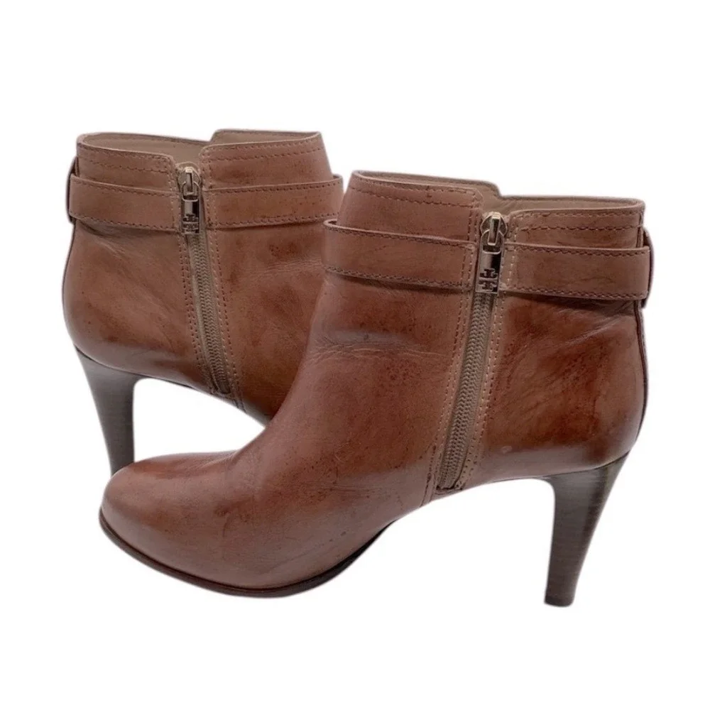 Tory Burch Tan Leather Ankle Boots Stiletto Heel Logo Medallion Womens 10
